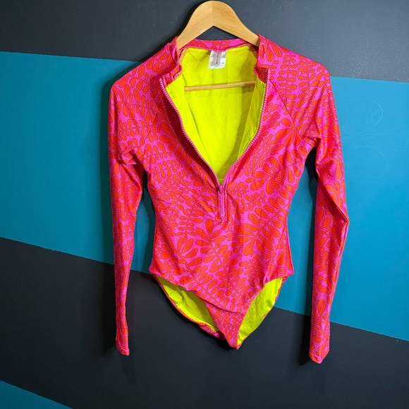 Pink and Orange Long Sleeve One Piece Swimsuit - Picture 10 of 14